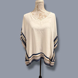 Emery Rose XL Cream Boho V Neck Poncho Blouse Batwing Tribal Border Top